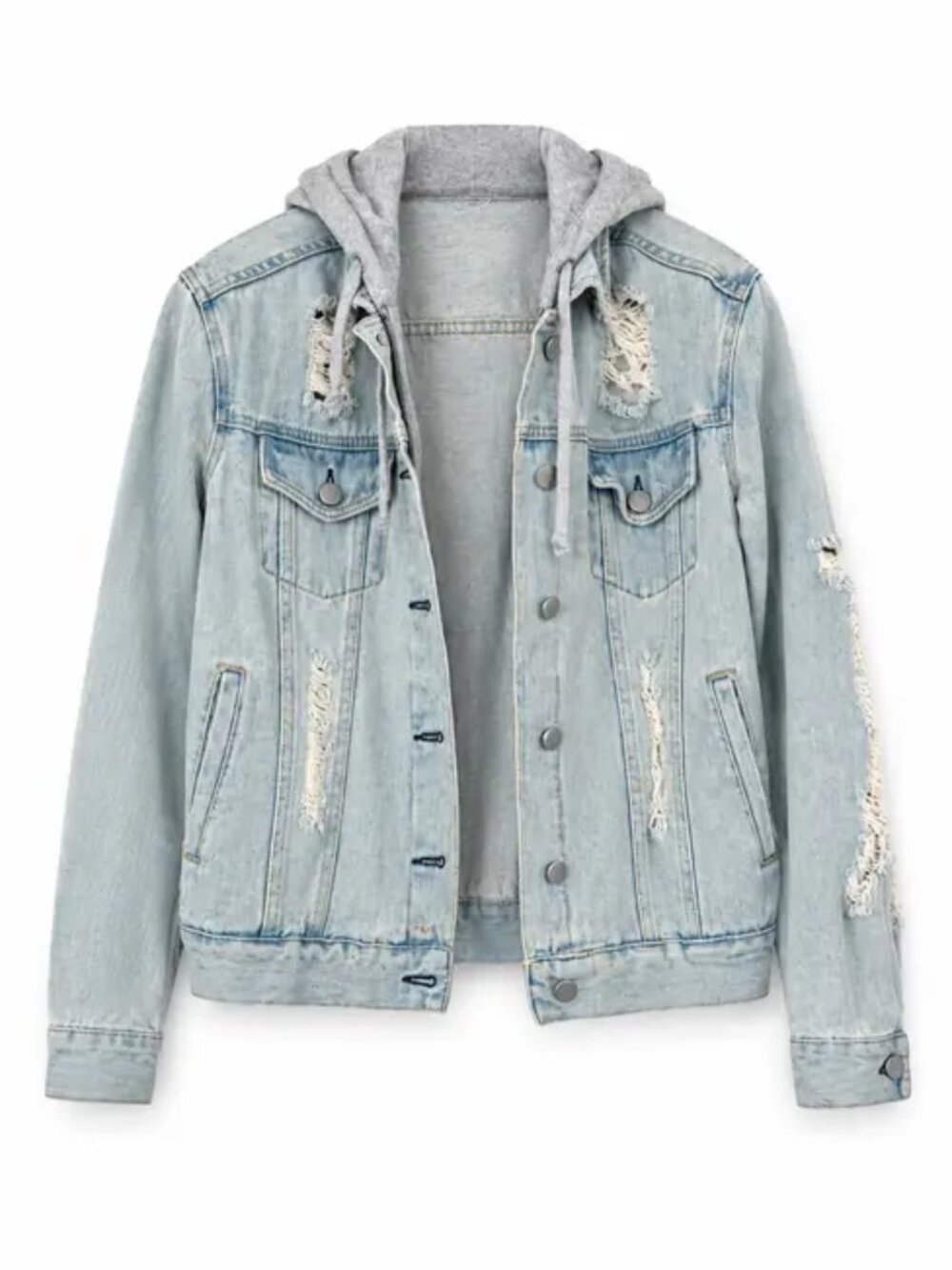 Kendall + Kylie Light Wash Distressed Denim Jacket with Hood, Size M